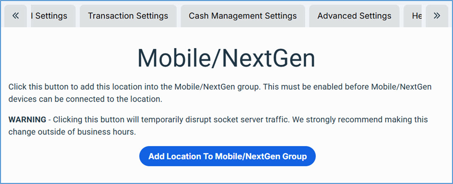 Admin Console — Location Setup screen showing Mobile/NextGen Settings tab