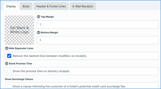 Admin Console — Customer Receipt screen with surcharge clause option