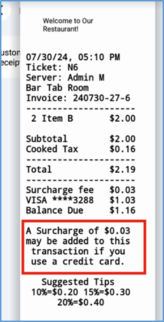 Example customer receipt showing surcharge clause