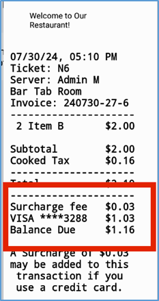 Example receipt showing surcharge fee line item
