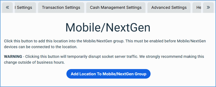 Admin Portal — Location Setup with Mobile/NextGen Settings tab
