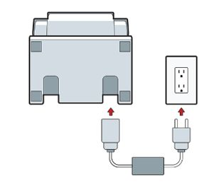 Receipt printer power cable plugged into wall outlet