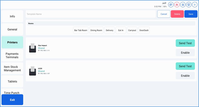 Printers screen — printer templates with Use and New Template buttons