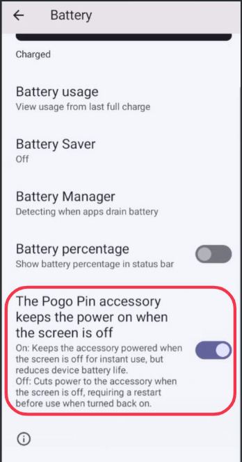 Handheld Settings — Battery screen with Pogo Pin toggle