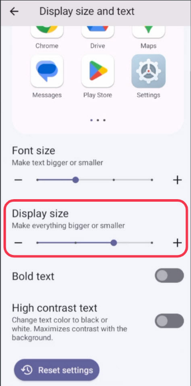 Handheld Settings — Display size slider configuration