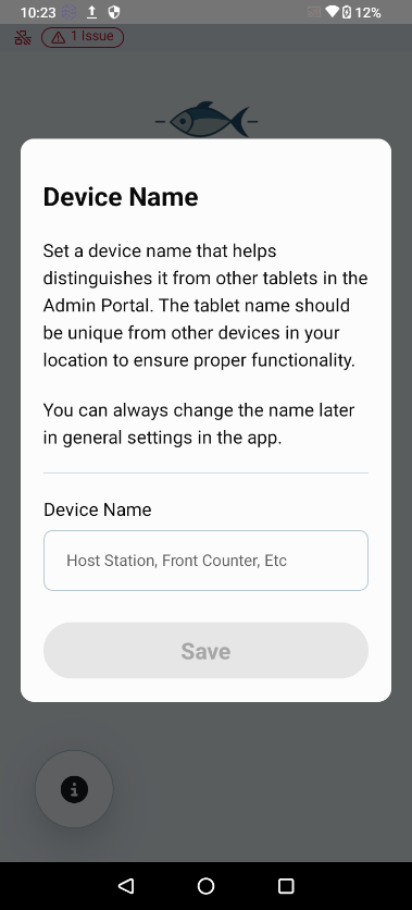 Genius POS login — Account Login Code entry and Device Name