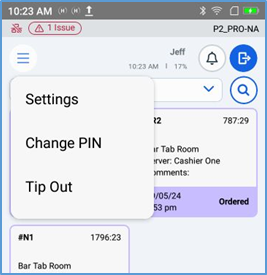 Handheld Options menu — Settings, Change PIN, Tip Out
