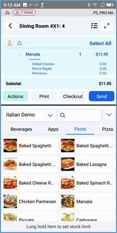 Handheld ticket with new item in blue — not yet sent to kitchen