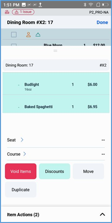Handheld Item Actions for selected items — Seat, Course, Void, Move