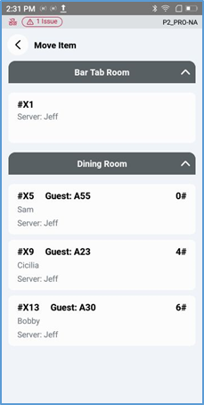 Handheld Move Item screen — selecting destination ticket and room