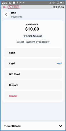 Handheld Payment screen — Card, Cash, Gift Card, Custom