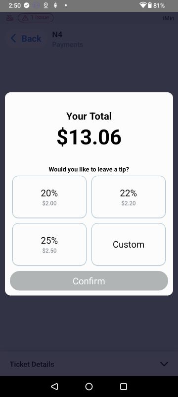 Handheld tip selection — preset amounts and Custom option