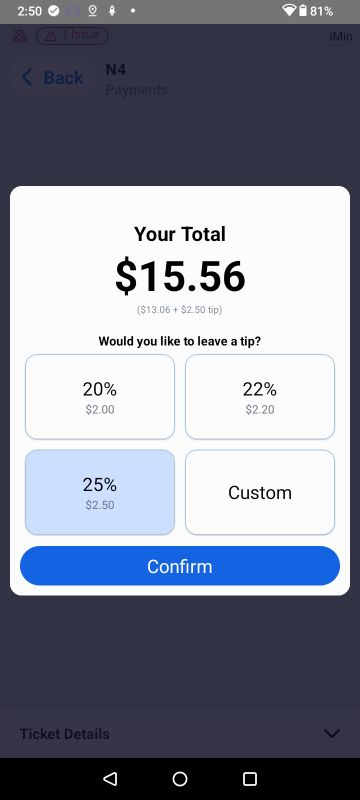 Handheld custom tip entry — keypad with Confirm button