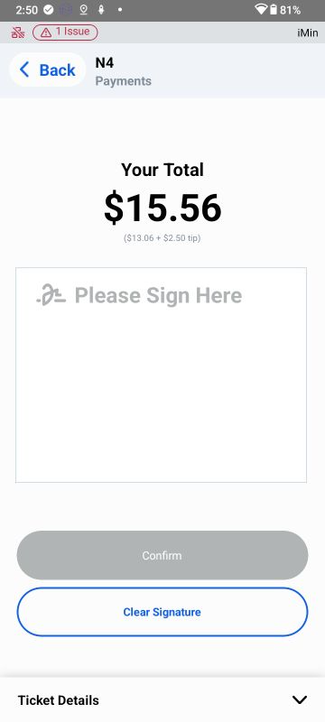 Handheld signature screen — Please Sign Here with Confirm
