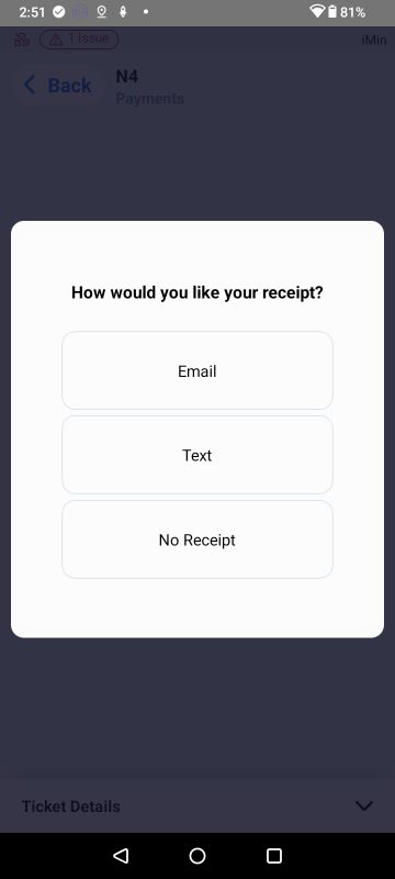 Handheld receipt format selection — Email, Text, Print, None