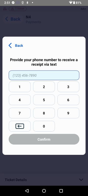 Handheld phone number entry for SMS receipt