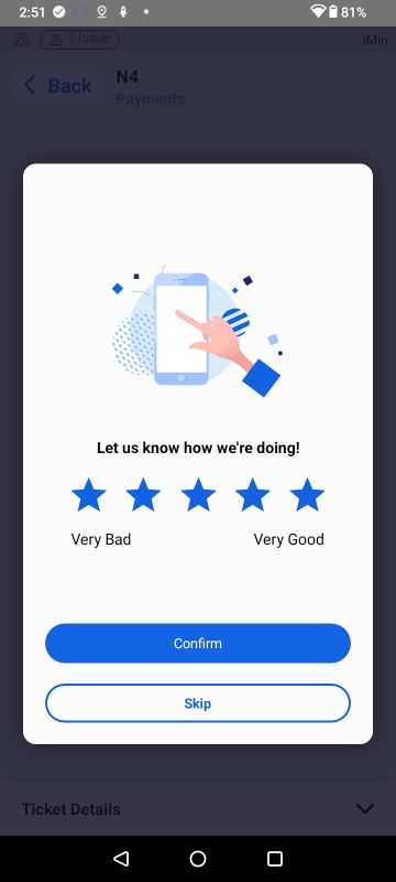 Handheld customer rating — one to five stars with Skip
