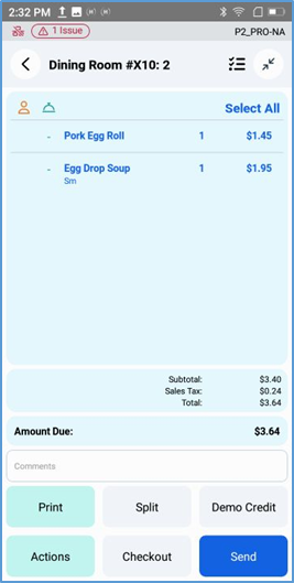 Handheld ticket items in blue — not yet sent to kitchen