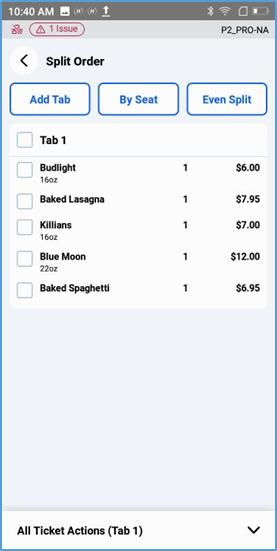 Handheld Split Ticket — Add Tab, By Seat, Even Split