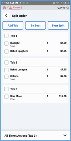 Handheld ticket with separate seat tabs after split