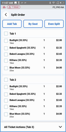 Handheld Even Split — ticket divided equally between tabs