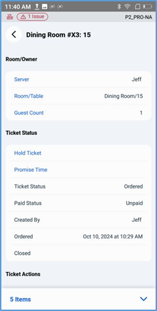 Handheld Ticket Info — server, room, table, status details
