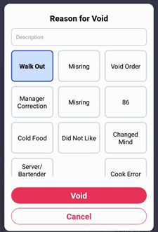 Handheld Void Order — reason list and description box
