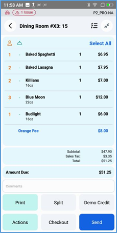 Handheld ticket with service charge in blue text