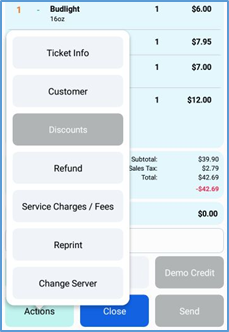 Handheld paid ticket with Refund in Actions menu
