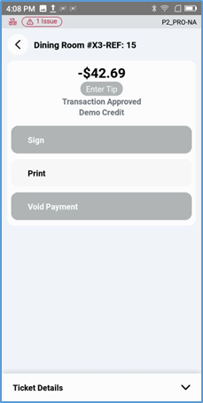 Handheld refund approved — Print, Sign, Void Payment options
