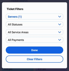 Handheld Ticket Filters — selecting criteria and Done