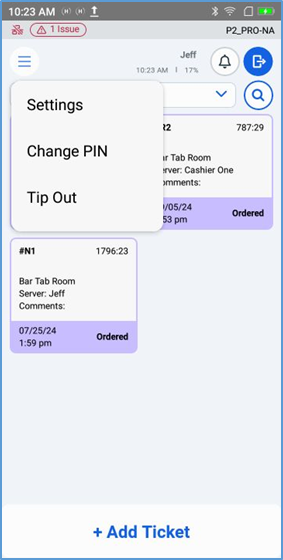 Handheld Settings menu — Info, General, Printers, Tablets
