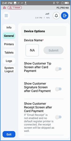 Handheld General Settings — device toggles and staff options