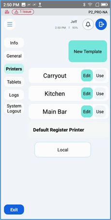 Handheld Printers screen — default register printer selection