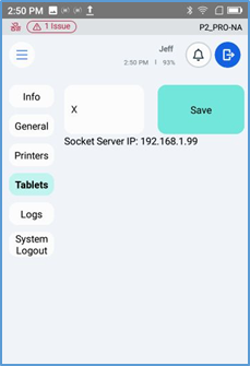 Handheld Tablets screen — Ticket Prefix input and Save
