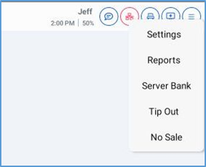 Options menu — Manager Settings, Reports, Server Bank, Tip Out