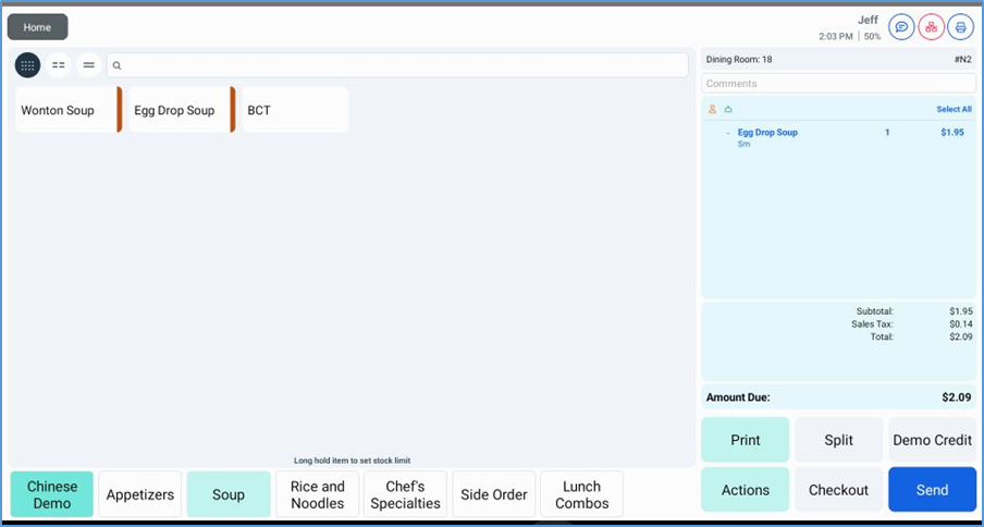 Order Screen — menu items grid with ticket panel on right
