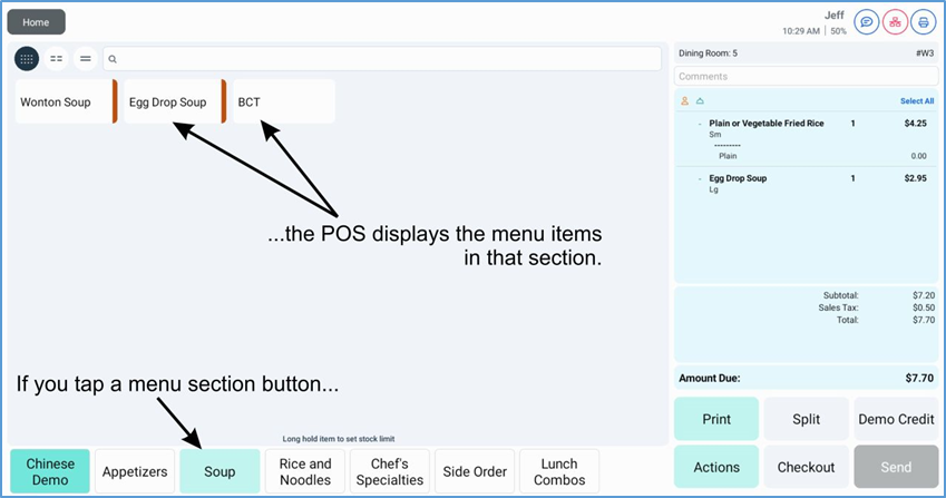 Menu items displayed after tapping a section tab