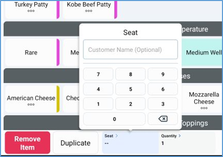 Seat keypad — entering seat number and customer name