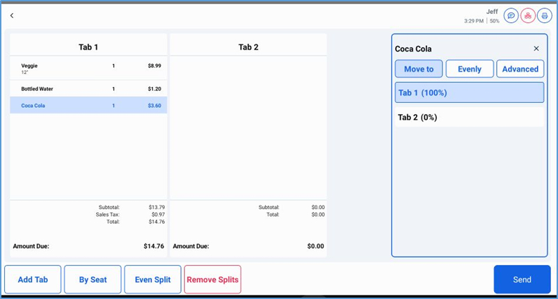 Item split options — Move to, Evenly, and Advanced with tab buttons