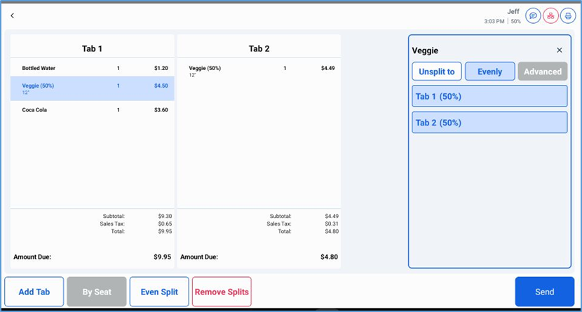 Item split evenly between two tabs with shared pricing