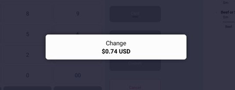 Cash payment — keypad with suggested tender amounts and change due