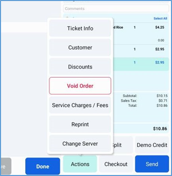 Actions submenu — Ticket Info, Customer, Discounts, and more