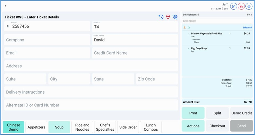 Customer Info screen — name, address, phone, and email fields