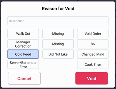 Reason for Void panel — predefined void reasons and description box