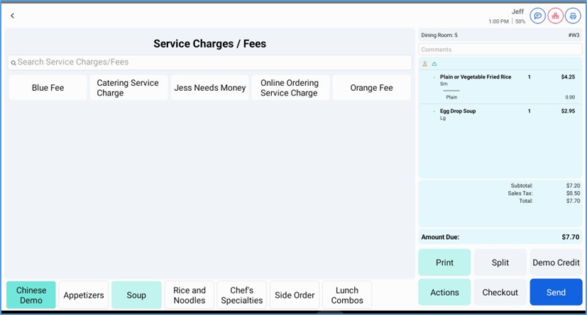 Service Charges and Fees screen — available charge options