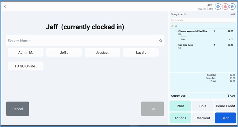 Change Server screen — list of clocked-in servers
