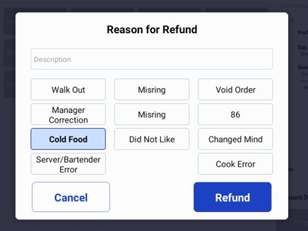Reason for Refund panel — refund reasons and description box