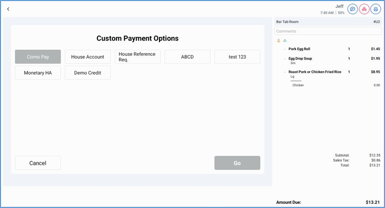 Custom tender options panel for refund payment