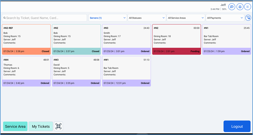 Ticket Search screen — ticket tiles with number, server, and status